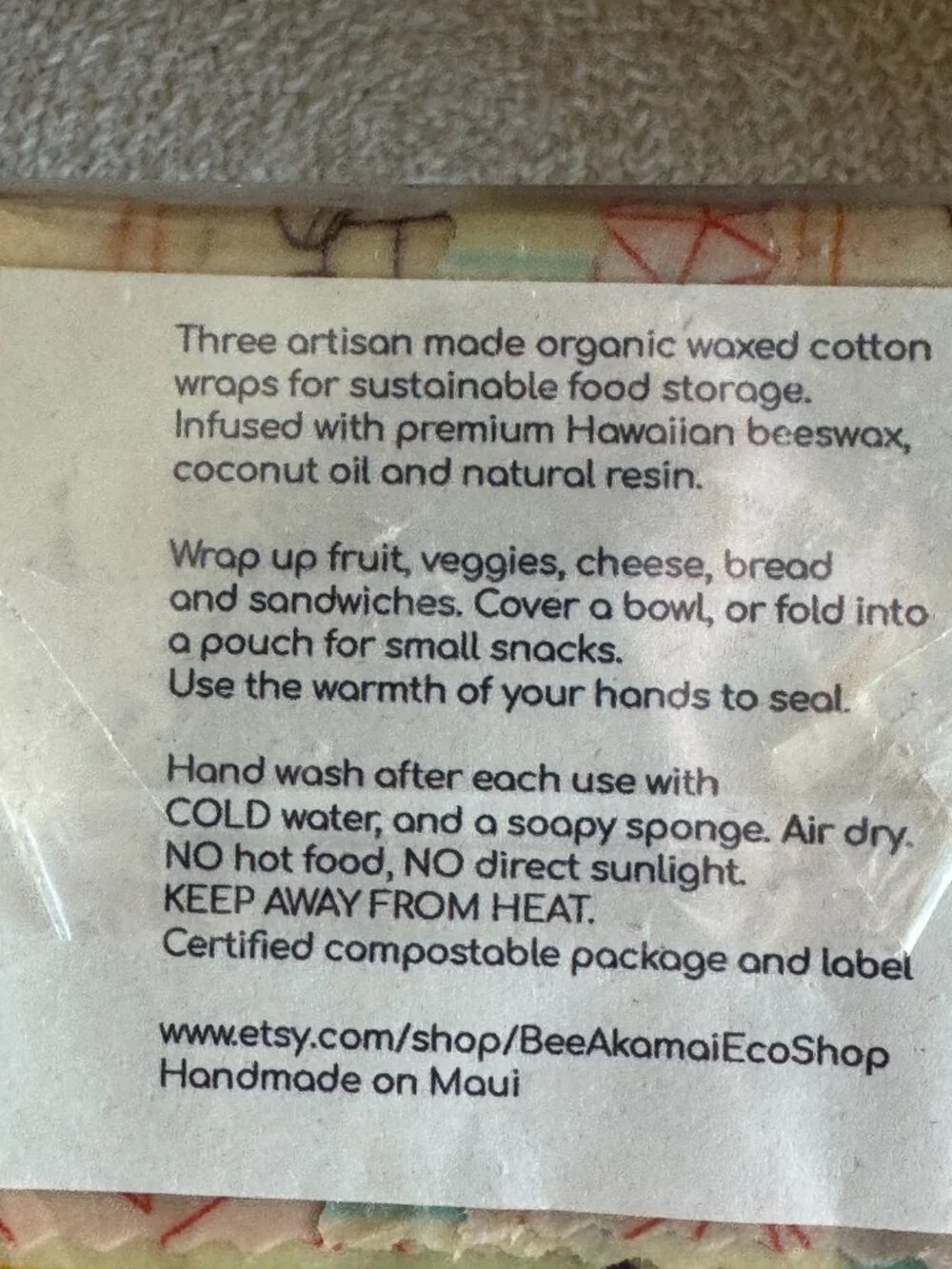 Bee Akamai Eco Wraps 3 Pack Handmade Maui Hawaiian Beeswax Food Wraps New